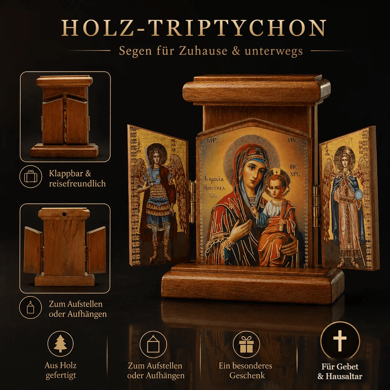 Holz Ikone Triptychon Gottesmutter von Iveron mit Erzengel Michael und Gabriel, klappbar und reisefreundlich, Uebersicht