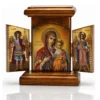 Holz Ikone Triptychon Gottesmutter von Iveron mit Erzengel Michael und Gabriel, klappbarer Hausaltar aus Holz, aufgeklappt