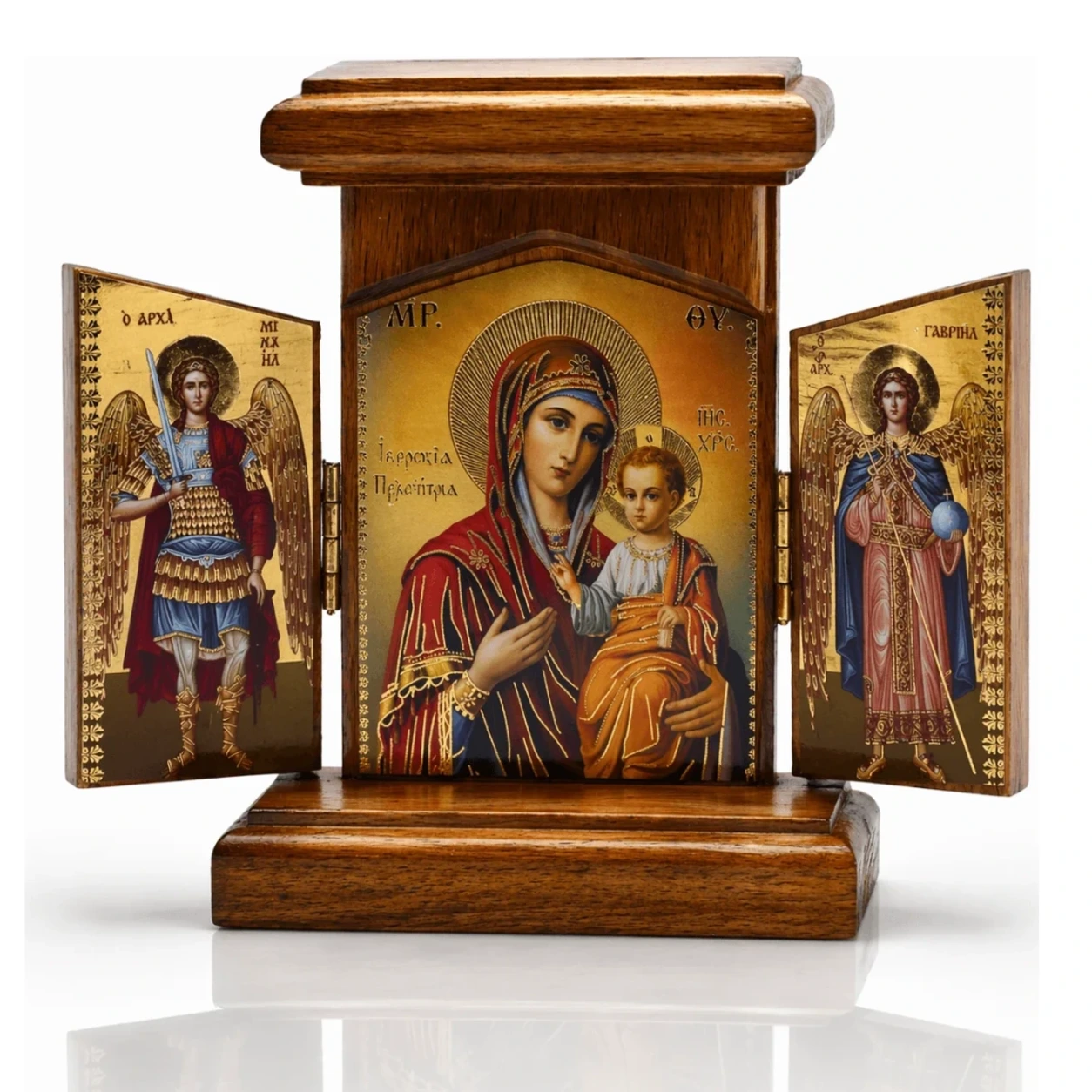 Holz Ikone Triptychon Gottesmutter von Iveron mit Erzengel Michael und Gabriel, klappbarer Hausaltar aus Holz, aufgeklappt