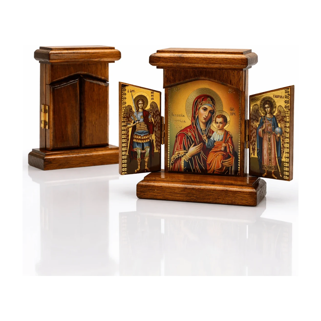 Holz Ikone Triptychon Gottesmutter von Iveron mit Erzengel Michael und Gabriel, Detailansicht der Scharniere und Fluegel