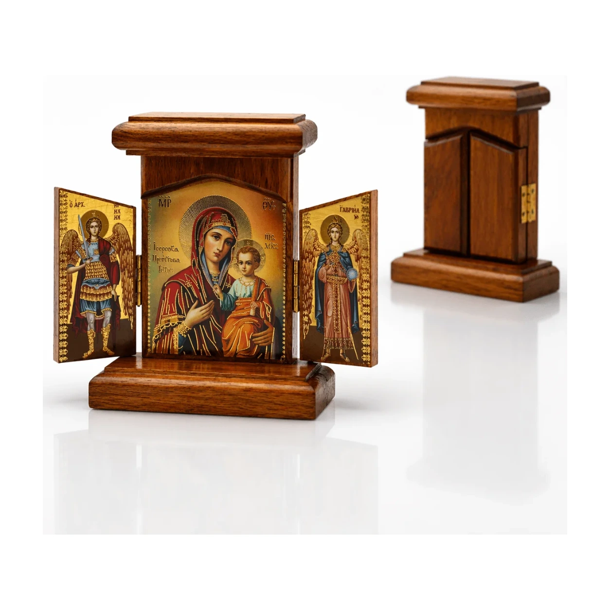 Holz Ikone Triptychon Gottesmutter von Iveron mit Erzengel Michael und Gabriel, aufgeklappt und geschlossen