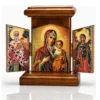 Holz Ikone Triptychon Gottesmutter von Iveron mit Hl. Nikolaus und Hl. Parascheva, klappbarer Hausaltar aus Holz, aufgeklappt