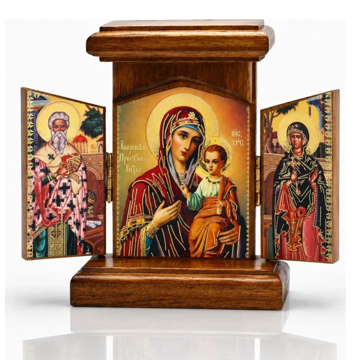 Holz Ikone Triptychon Gottesmutter von Iveron mit Hl. Nikolaus und Hl. Parascheva, klappbarer Hausaltar aus Holz, aufgeklappt
