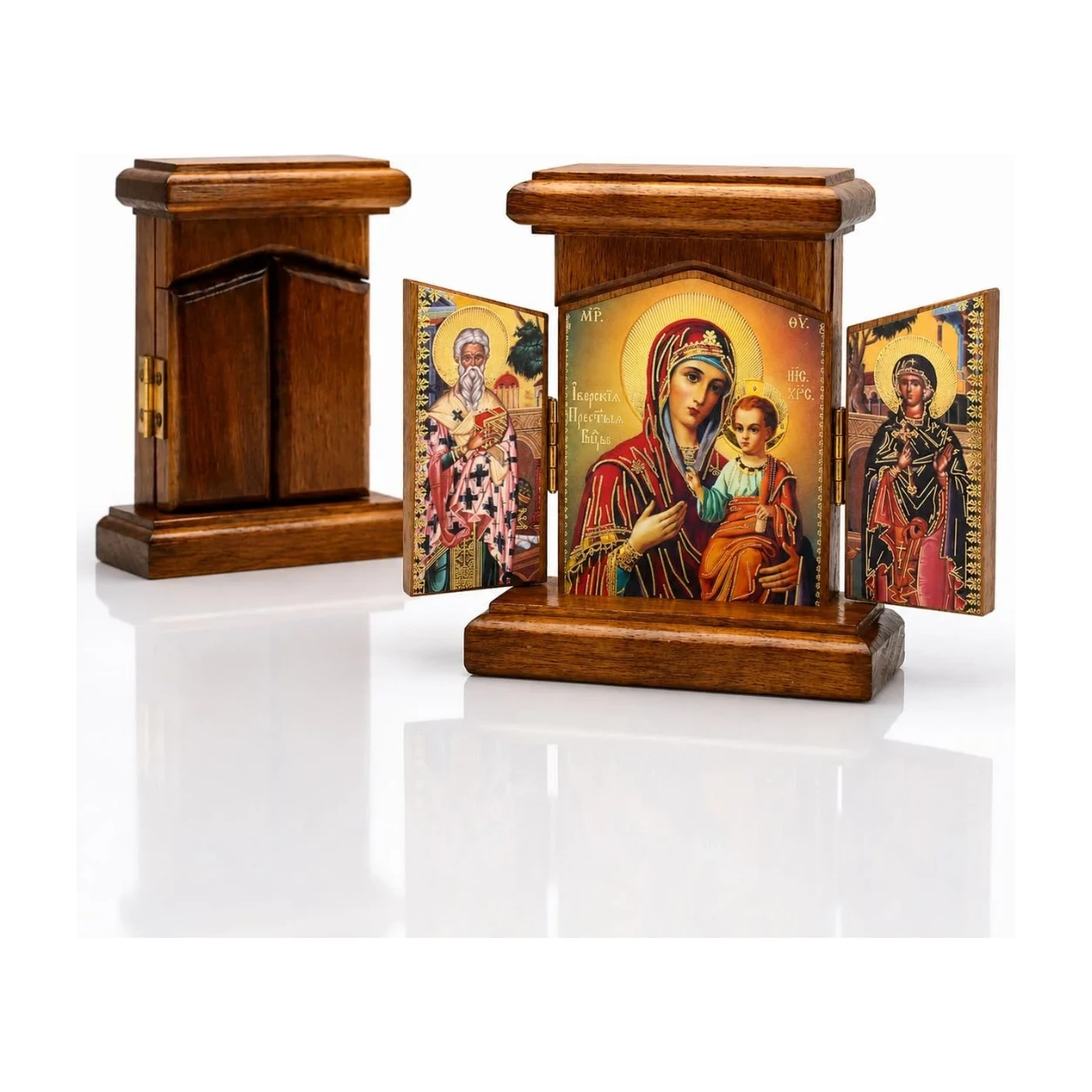 Holz Ikone Triptychon Gottesmutter von Iveron mit Hl. Nikolaus und Hl. Parascheva, geschlossen und aufgeklappt nebeneinander