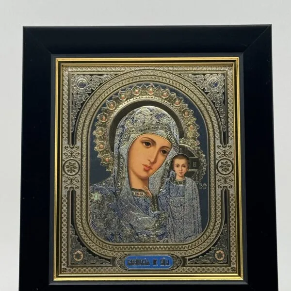 Startseite 15 Ikone Gottesmutter von Kasan Blau-Silber mit schwarzem Zierrahmen