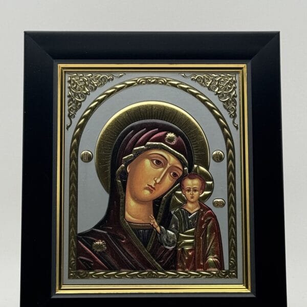 Ikone Gottesmutter von Kasan Silber-Gold-Relief mit schwarzem Zierrahmen