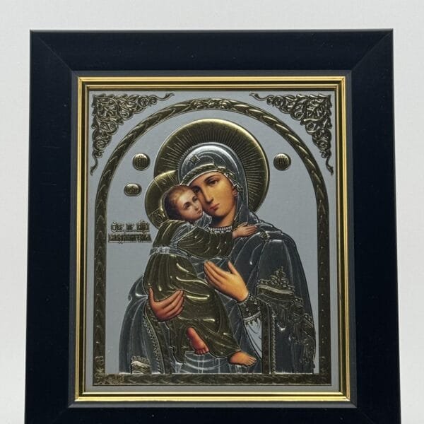 Ikone Gottesmutter von Wladimir Silber-Gold-Relief mit schwarzem Zierrahmen