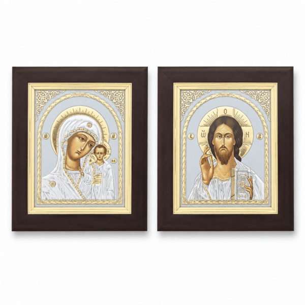 Ikonen-Set aus zwei Ikonen, Maria mit Kind und Christus Pantokrator, Detailaufnahme