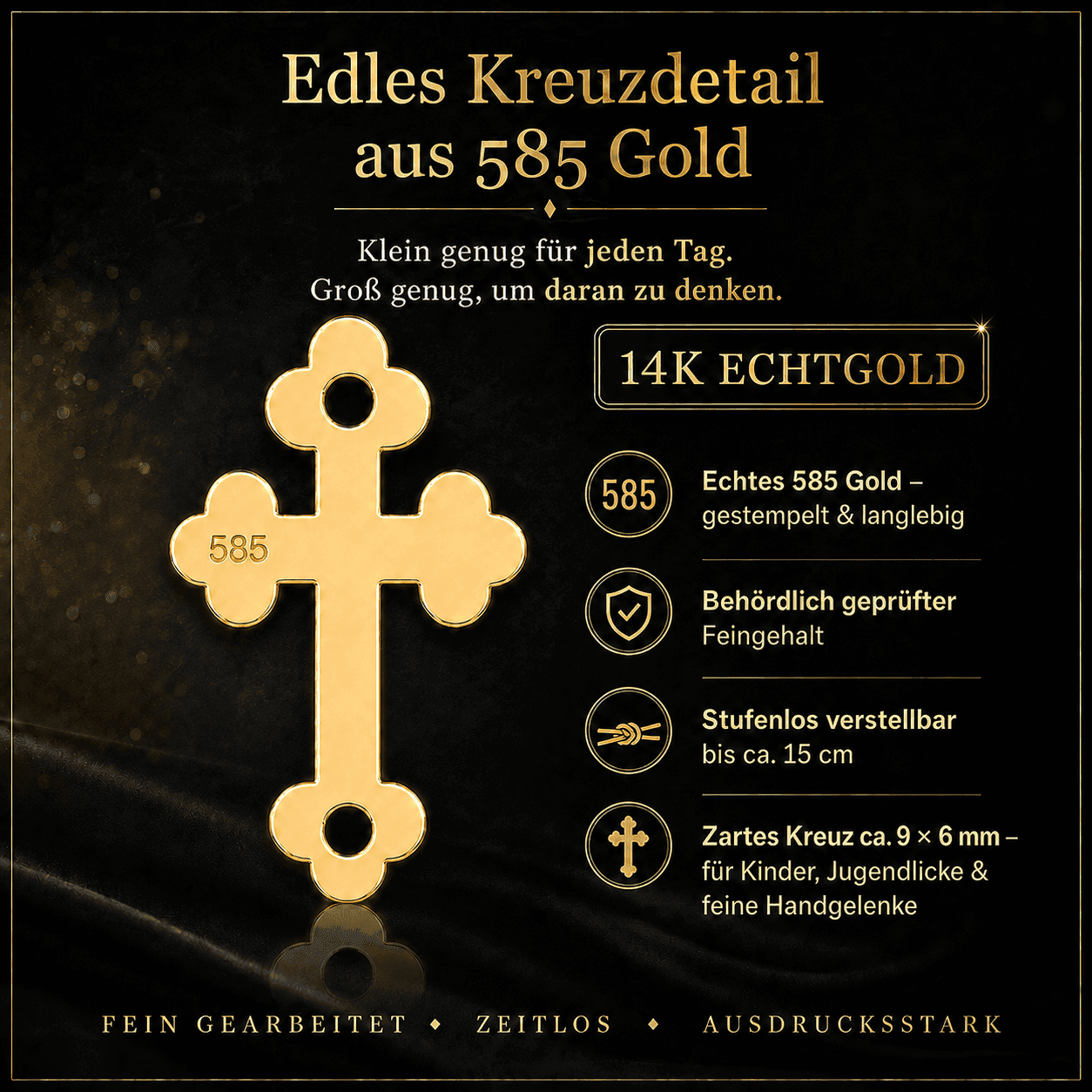 Kreuzarmband Kinder Echtgold – Goldkreuz an schwarzer Kordel, Geschenk zur Taufe, Erstkommunion und Firmung 2 Kreuzarmband aus 585er Gold für Kinder an schwarzem Band – Detailaufnahme