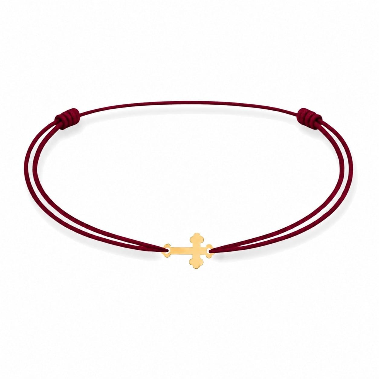 Kreuzarmband Gold 585 mit weinrotem Band Kreuzarmband aus Gold 585 mit weinroter Textilkordel und kleinem Kreuzanhänger