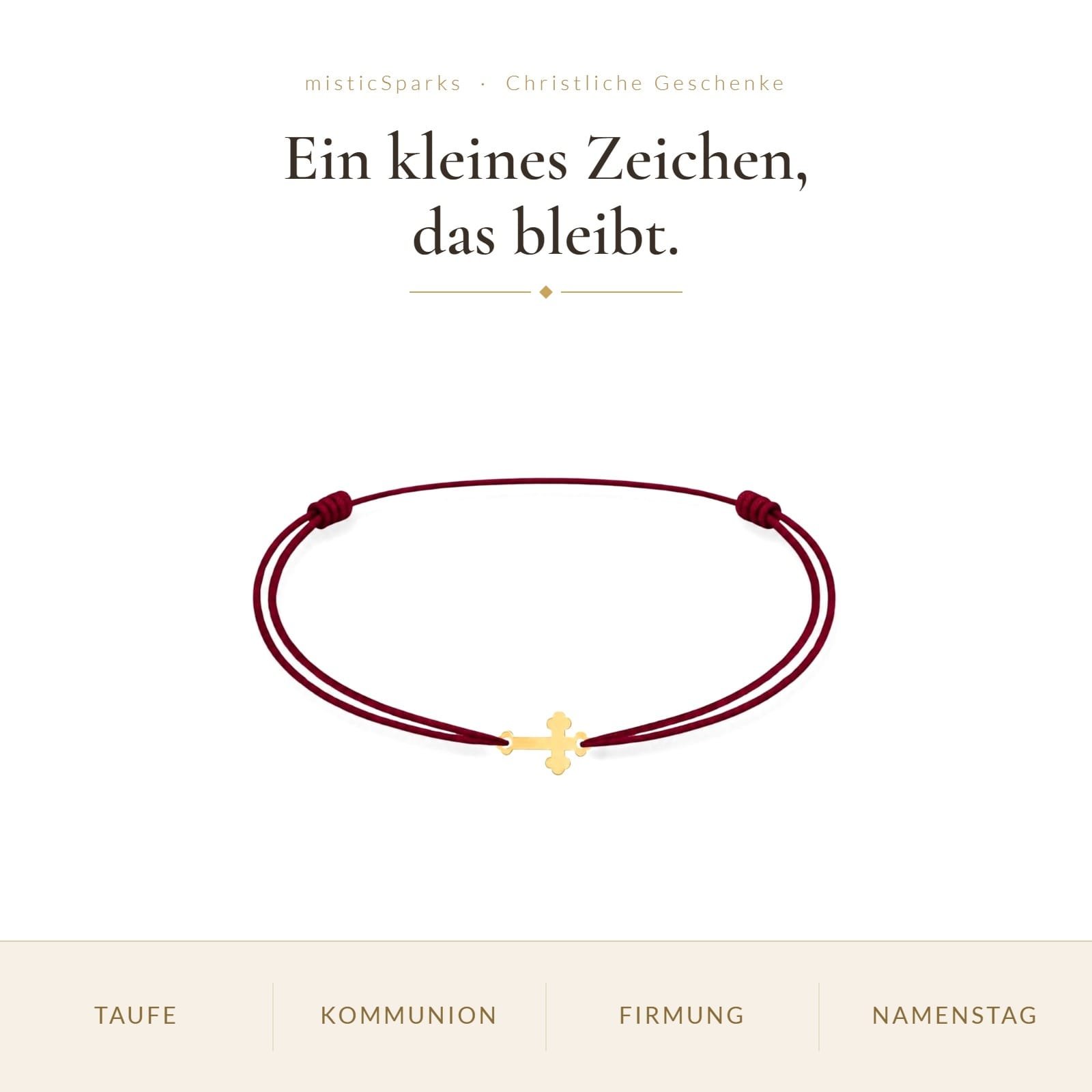 Kreuzarmband Kind Gold 585 bordeaux – Geschenk zu Taufe, Kommunion und Firmung Kinder-Kreuzarmband Gold 585 mit bordeauxroter Kordel als Geschenk zu Taufe, Kommunion, Firmung und Namenstag