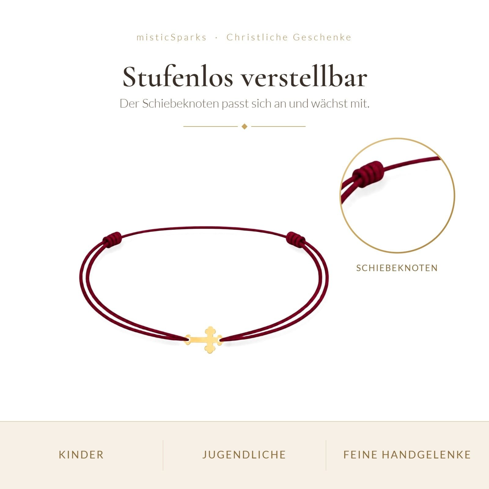 Kreuzarmband Kind Gold 585 bordeaux – stufenlos verstellbar Kinder-Kreuzarmband Gold 585 mit Schiebeknoten, stufenlos verstellbar für Kinder und Jugendliche