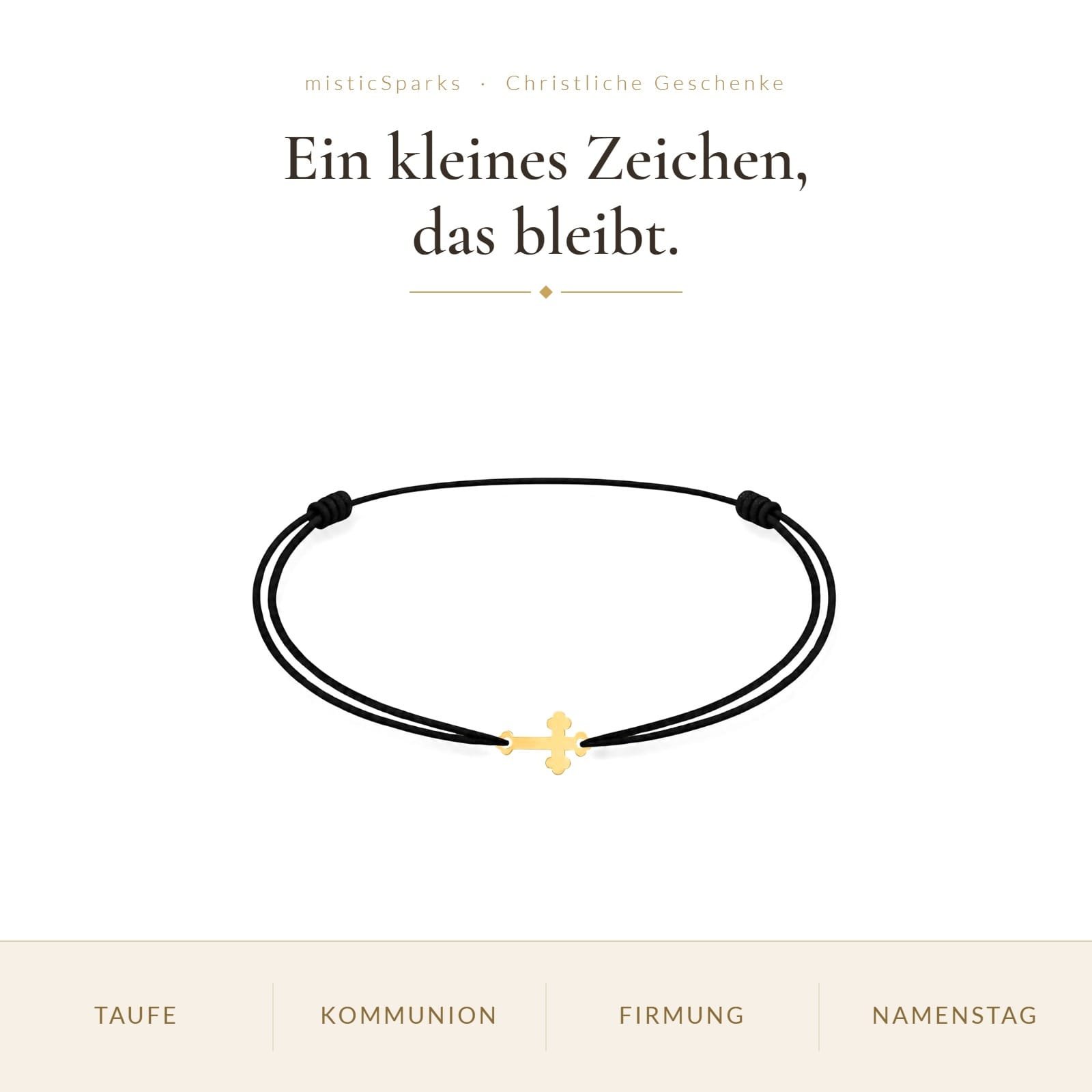 Kreuzarmband Kinder Echtgold – Goldkreuz an schwarzer Kordel, Geschenk zur Taufe, Erstkommunion und Firmung 6 Kinder-Kreuzarmband Gold 585 mit schwarzer Kordel als Geschenk zu Taufe, Kommunion, Firmung und Namenstag