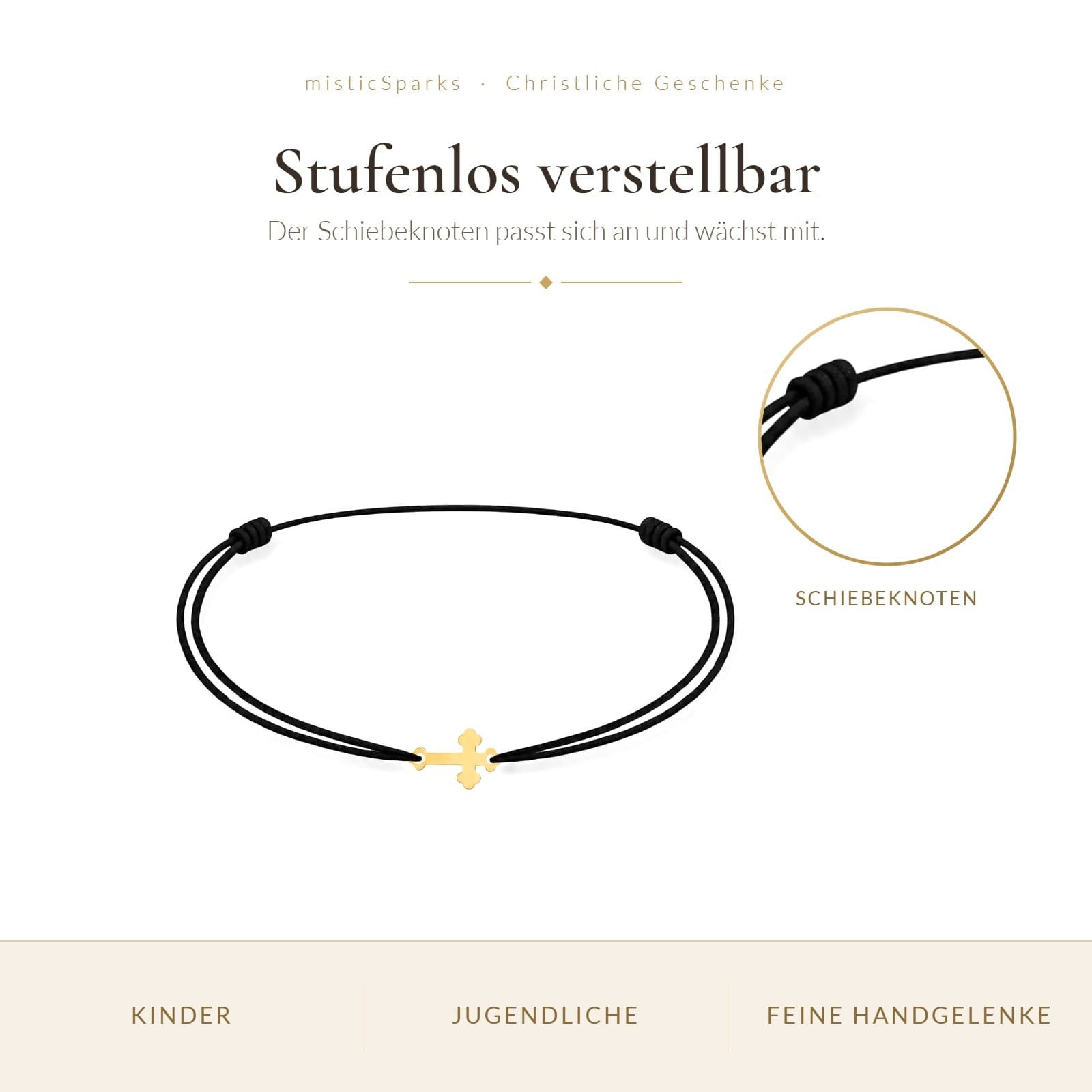 Kreuzarmband Kinder Echtgold – Goldkreuz an schwarzer Kordel, Geschenk zur Taufe, Erstkommunion und Firmung 7 Kinder-Kreuzarmband Gold 585 mit Schiebeknoten, stufenlos verstellbar für Kinder und Jugendliche