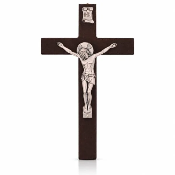 Startseite 19 Kruzifix aus Holz – Wandkreuz aus dunklem Holz mit silberfarbenem Christus-Korpus und INRI-Schild, Vorderansicht