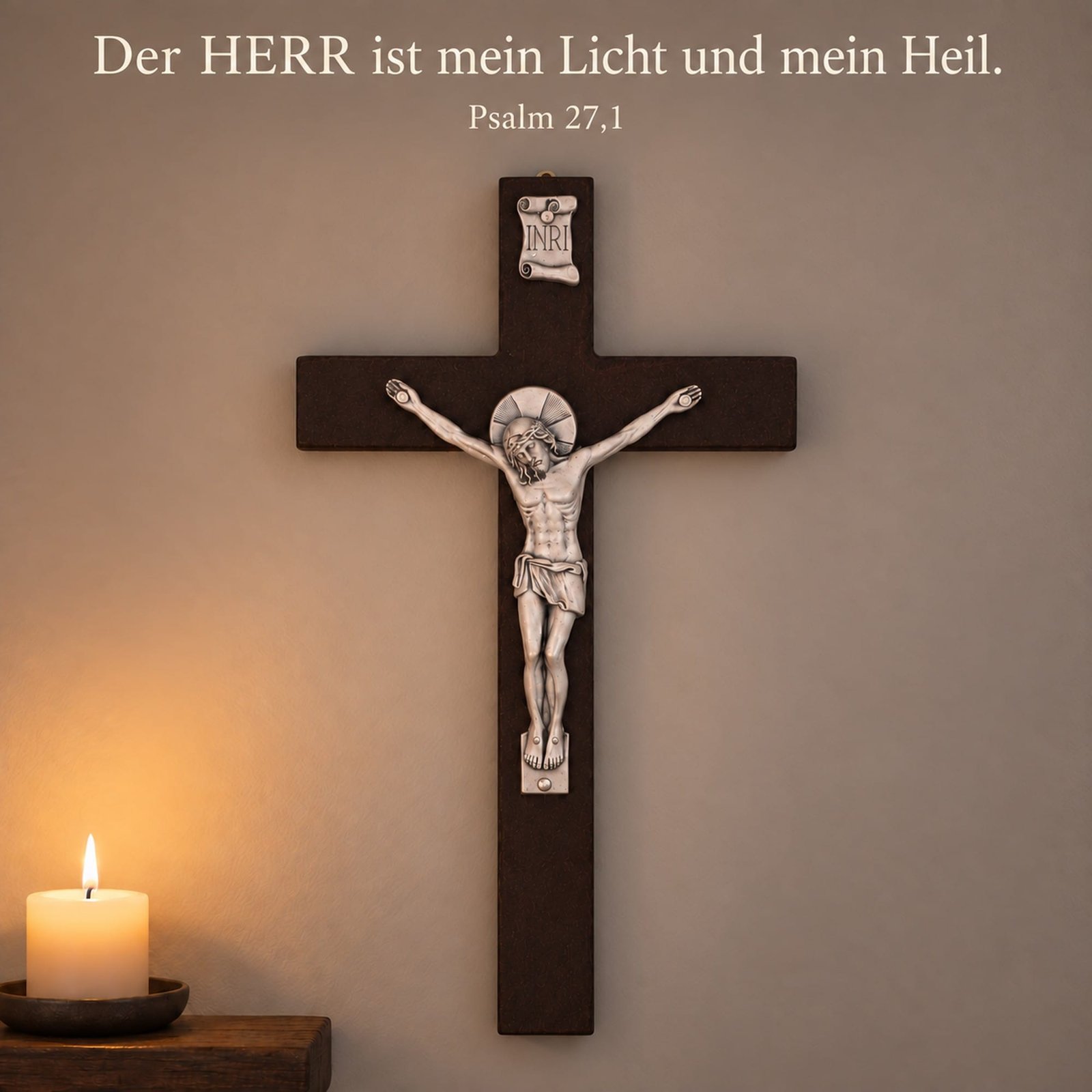 Wandkreuz aus Holz im Kerzenlicht – Psalm 27,1 Wandkreuz aus Holz mit Christus-Korpus im Kerzenlicht – Der HERR ist mein Licht und mein Heil, Psalm 27,1