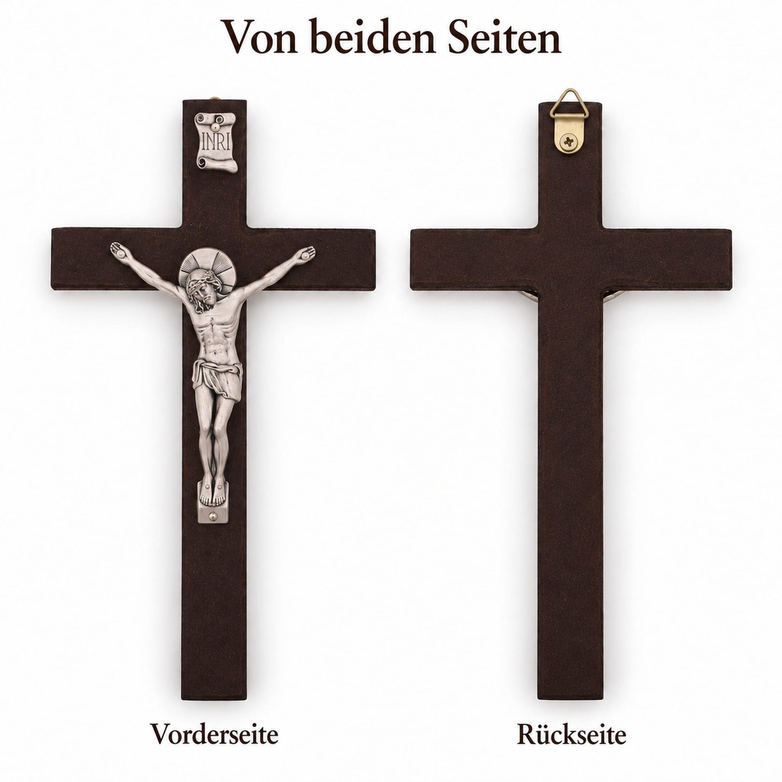 Kruzifix aus Holz – Vorderseite und Rückseite Kruzifix aus Holz von beiden Seiten – Vorderseite mit Christus-Korpus, Rückseite mit Metallaufhänger