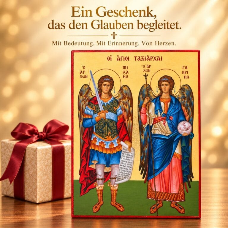 Ikone der Erzengel Michael und Gabriel als christliches Geschenk neben einer Geschenkbox