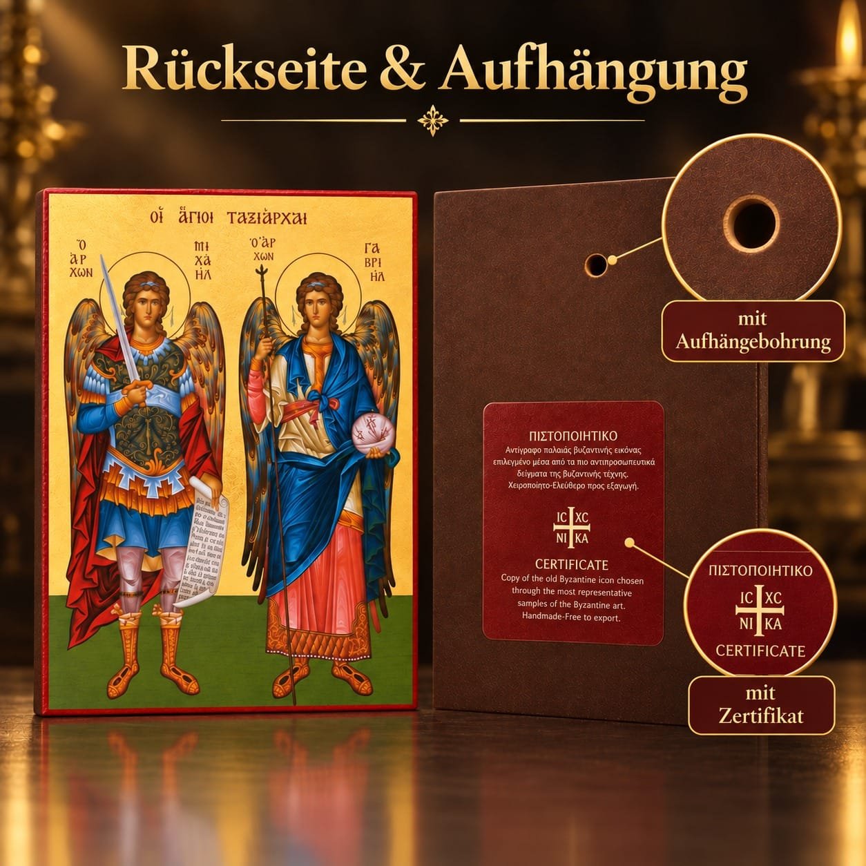 Rückseite der Ikone mit Aufhängebohrung und Zertifikat aus Griechenland
