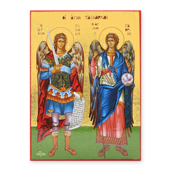 Ikone Erzengel Michael und Gabriel, vergoldeter Druck auf Holz – byzantinische Ikone mit Zertifikat