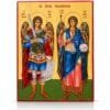 Vergoldete Holzikone der Erzengel Michael und Gabriel mit griechischer Inschrift auf weißem Hintergrund