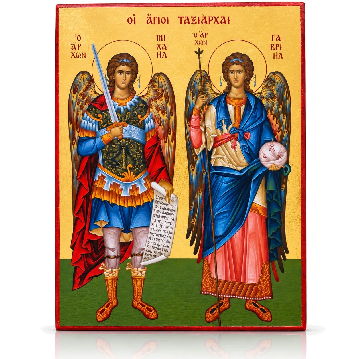 Vergoldete Holzikone der Erzengel Michael und Gabriel mit griechischer Inschrift auf weißem Hintergrund