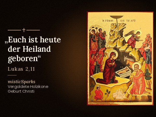 Ikone Geburt Christi mit dem Bibelvers „Euch ist heute der Heiland geboren“ (Lukas 2,11)