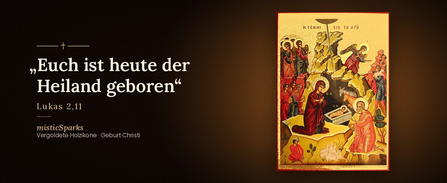 Ikone Geburt Christi mit dem Bibelvers „Euch ist heute der Heiland geboren“ (Lukas 2,11)