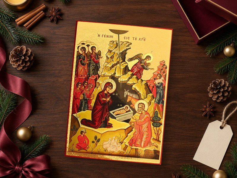 Ikone Geburt Christi als Geschenk auf festlich gedecktem Gabentisch