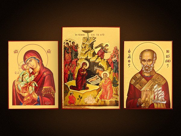 Kollektion vergoldeter Ikonen: Gottesmutter der Zärtlichkeit, Geburt Christi und Heiliger Nikolaus