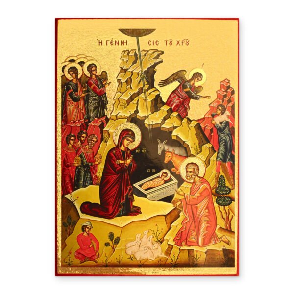 Ikone Geburt Christi vergoldet auf Holz – byzantinische Weihnachtsikone mit Stern, Engeln, Maria und Jesuskind in der Krippe