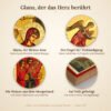 Detailansichten der Ikone Geburt Christi: Gottesmutter Maria, Engel der Verkündigung, Weise aus dem Morgenland und Holzkante