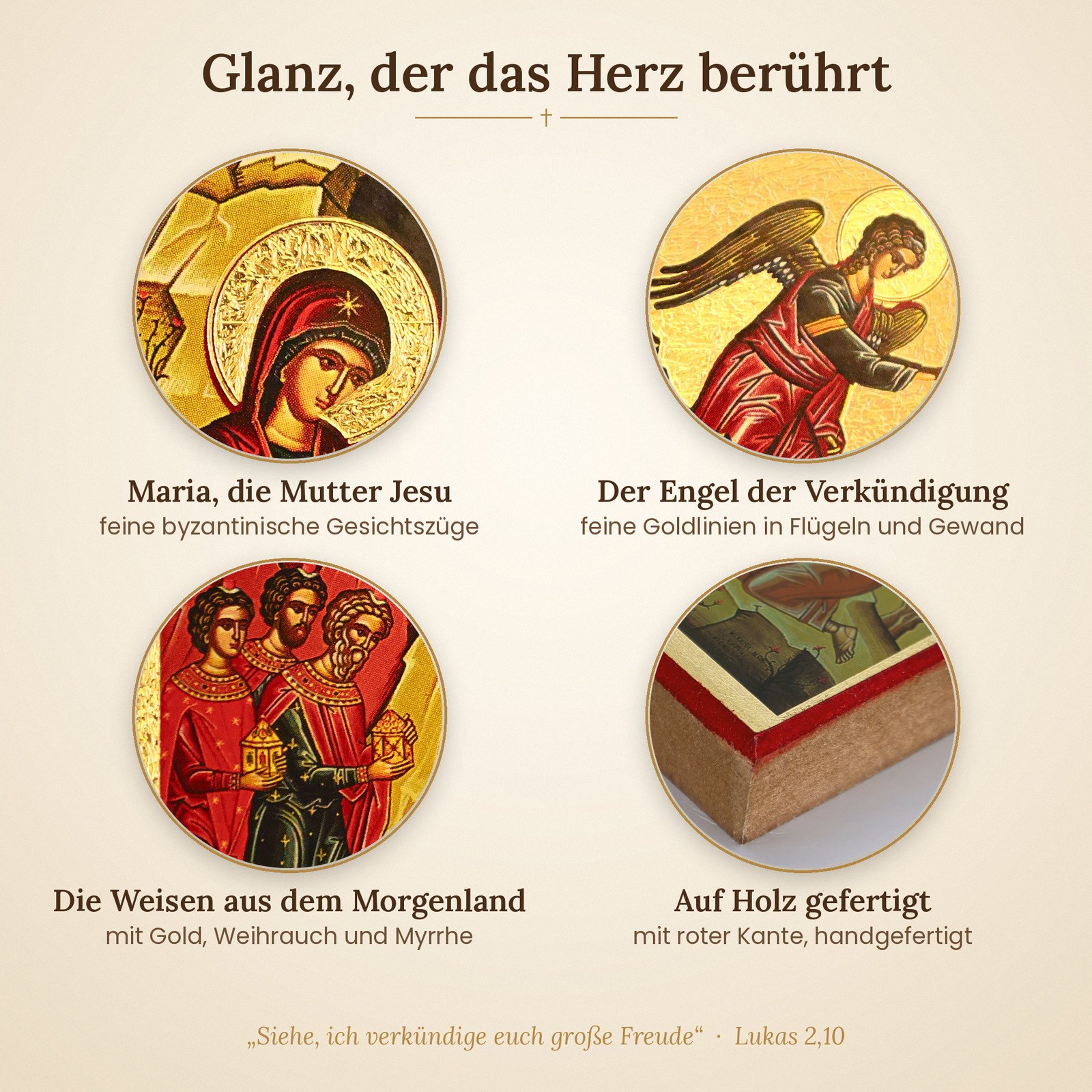 Detailansichten der Ikone Geburt Christi: Gottesmutter Maria, Engel der Verkündigung, Weise aus dem Morgenland und Holzkante