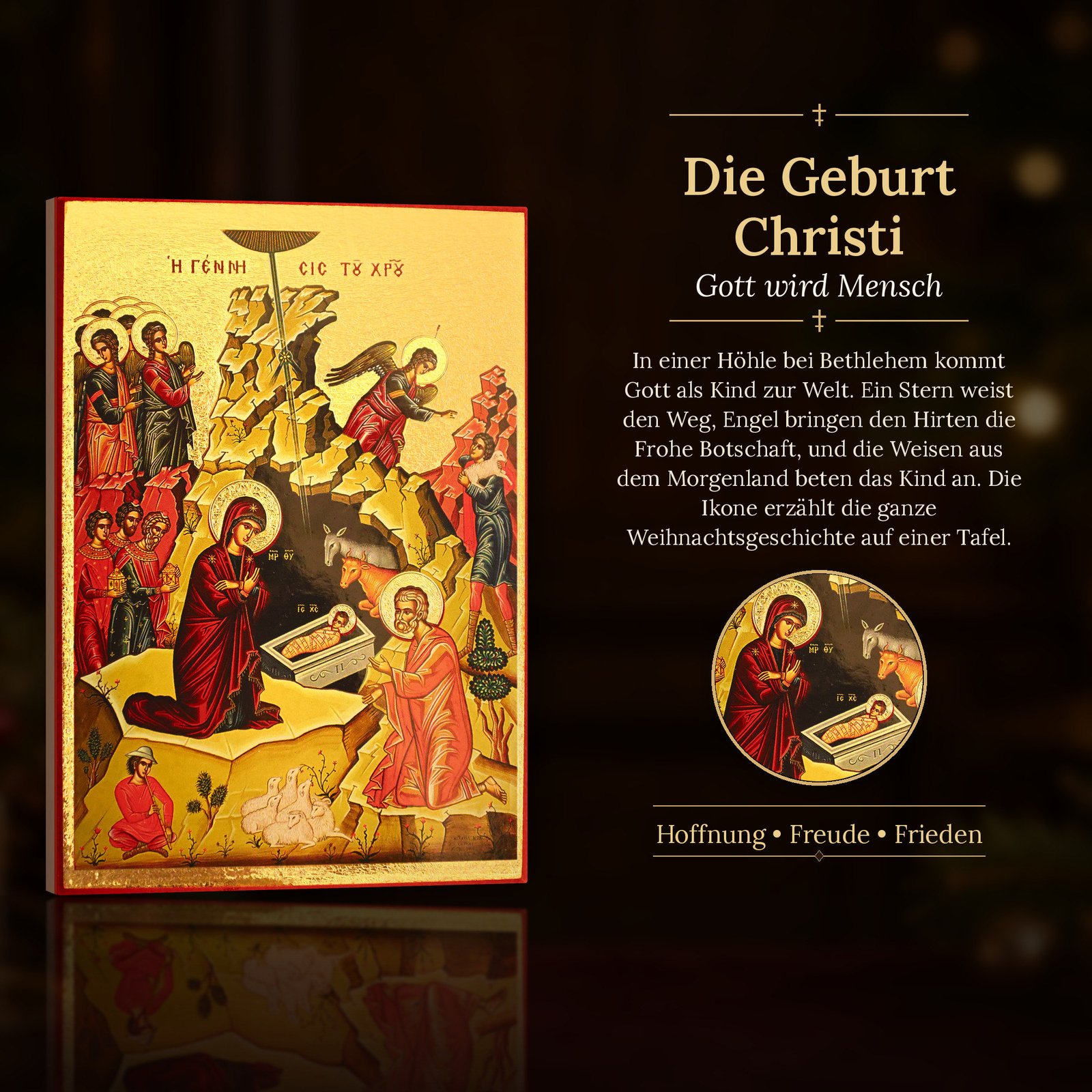 Ikone Geburt Christi mit der Geschichte der Szene: Gott wird Mensch in der Höhle von Bethlehem