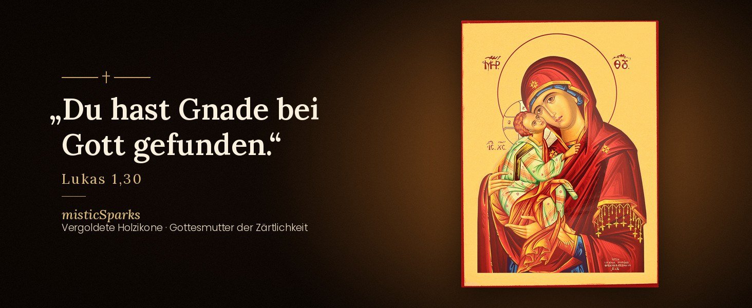 Ikone Gottesmutter der Zärtlichkeit mit dem Bibelvers „Du hast Gnade bei Gott gefunden.“ (Lukas 1,30)