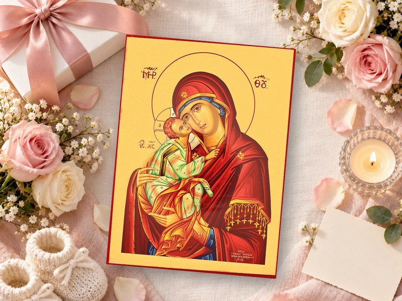 Ikone Gottesmutter der Zärtlichkeit als Geschenk auf festlich gedecktem Gabentisch