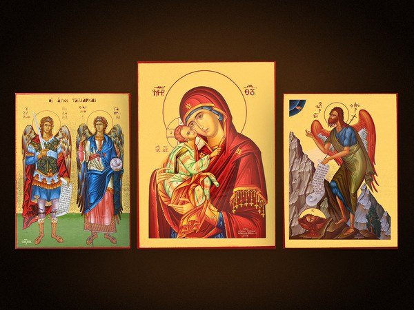 Kollektion vergoldeter Ikonen: Erzengel Michael und Gabriel, Gottesmutter der Zärtlichkeit und Johannes der Täufer