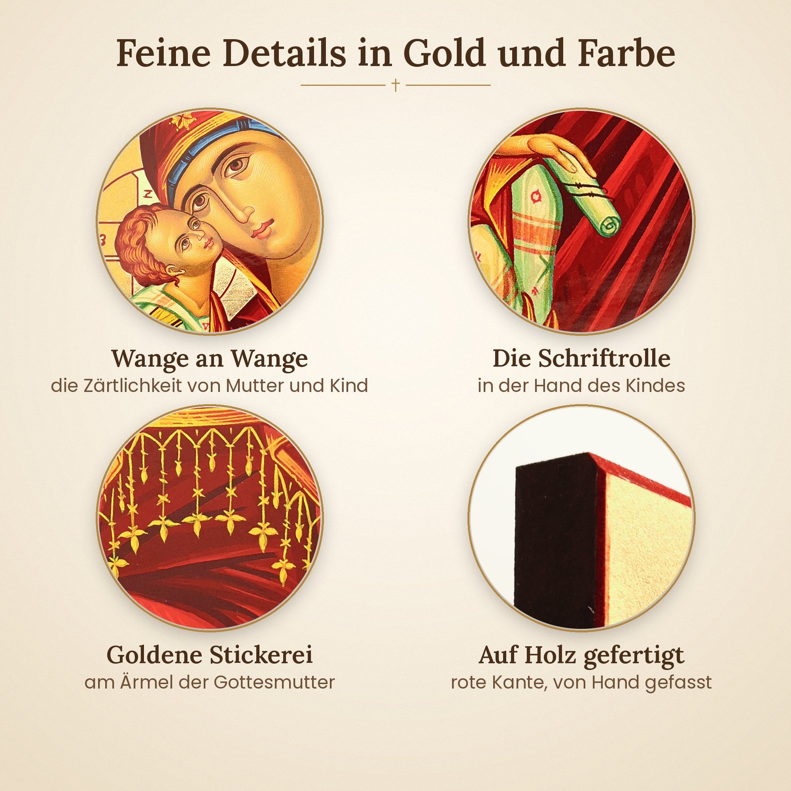 Details der Ikone Gottesmutter der Zärtlichkeit – Wange an Wange, Schriftrolle, goldene Stickerei