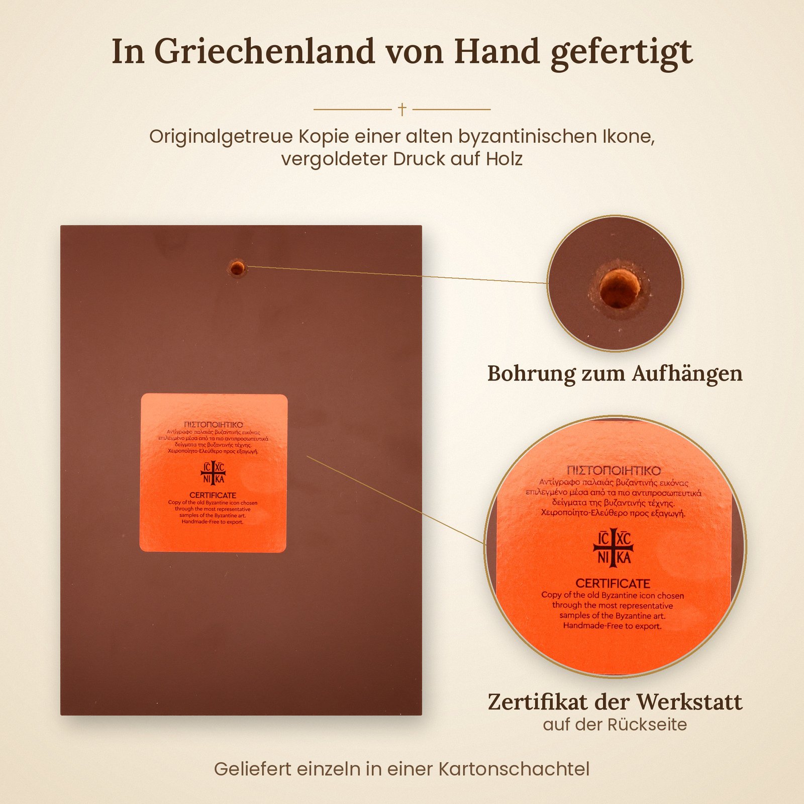 Rückseite der Ikone Gottesmutter der Zärtlichkeit mit Zertifikat und Bohrung