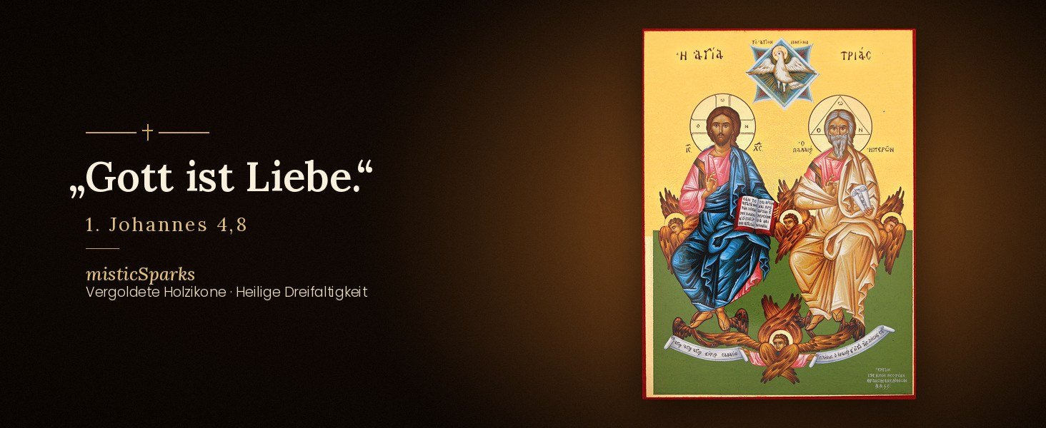 Ikone Heilige Dreifaltigkeit mit dem Bibelvers „Gott ist Liebe.“ (1. Johannes 4,8)