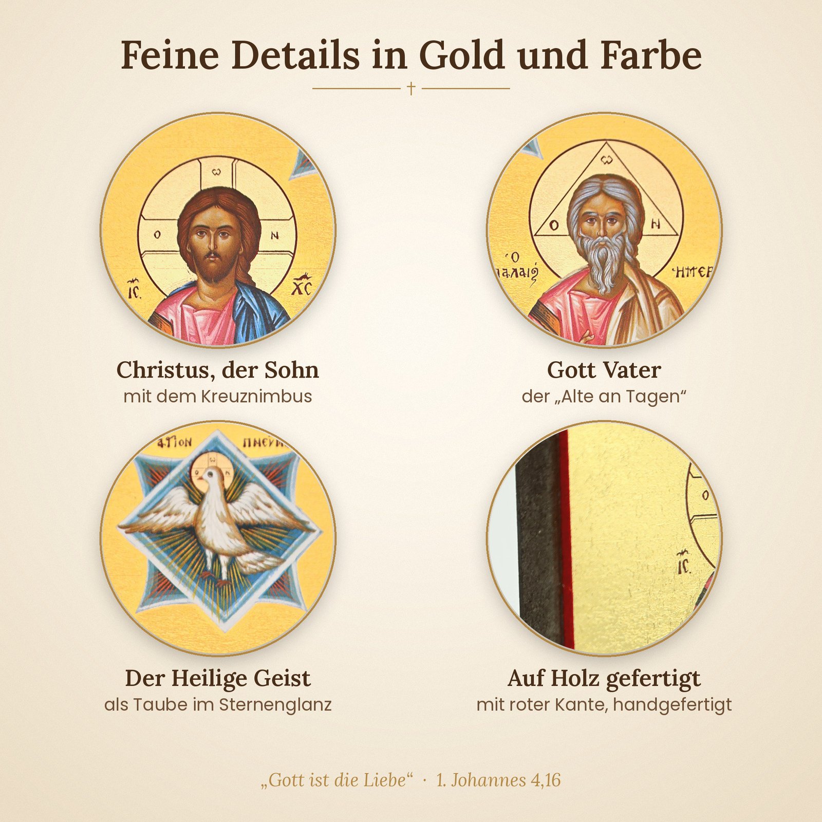 Details der Ikone Heilige Dreifaltigkeit – Christus, Gott Vater und der Heilige Geist als Taube