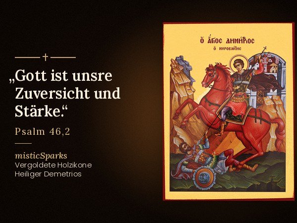 Ikone Heiliger Demetrios mit dem Bibelvers „Gott ist unsre Zuversicht und Stärke.“ (Psalm 46,2)