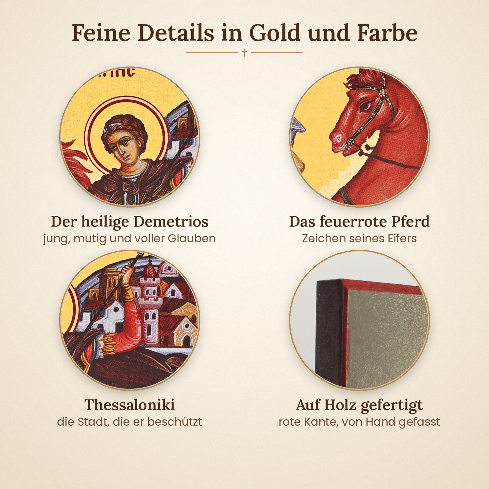 Details der Ikone Heiliger Demetrios – Antlitz, rotes Pferd und Thessaloniki