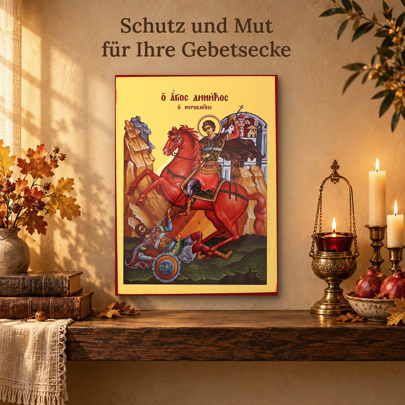 Ikone Heiliger Demetrios an der Wand der Gebetsecke