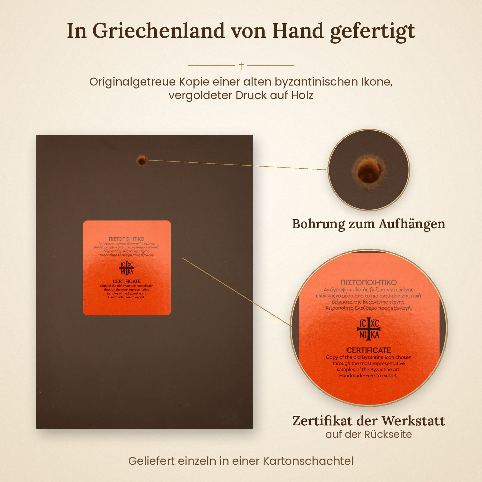 Rückseite der Ikone Heiliger Demetrios mit Zertifikat und Bohrung