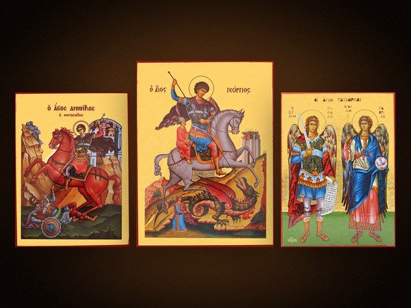 Kollektion vergoldeter Ikonen: Heiliger Demetrios, Heiliger Georg und Erzengel Michael und Gabriel