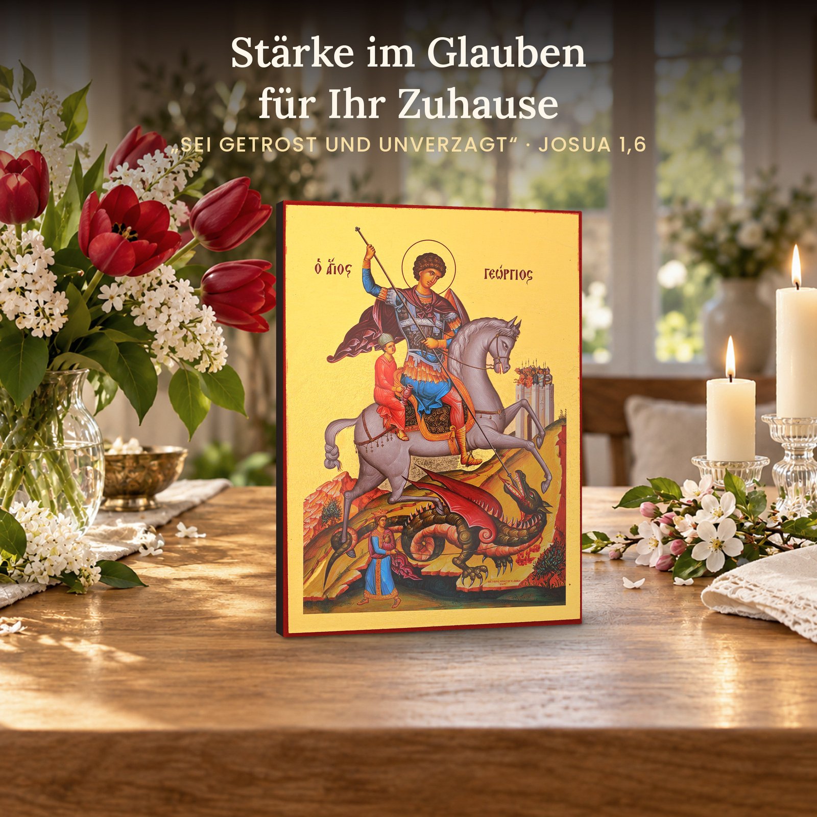 Ikone Heiliger Georg auf dem Tisch im Frühlingslicht