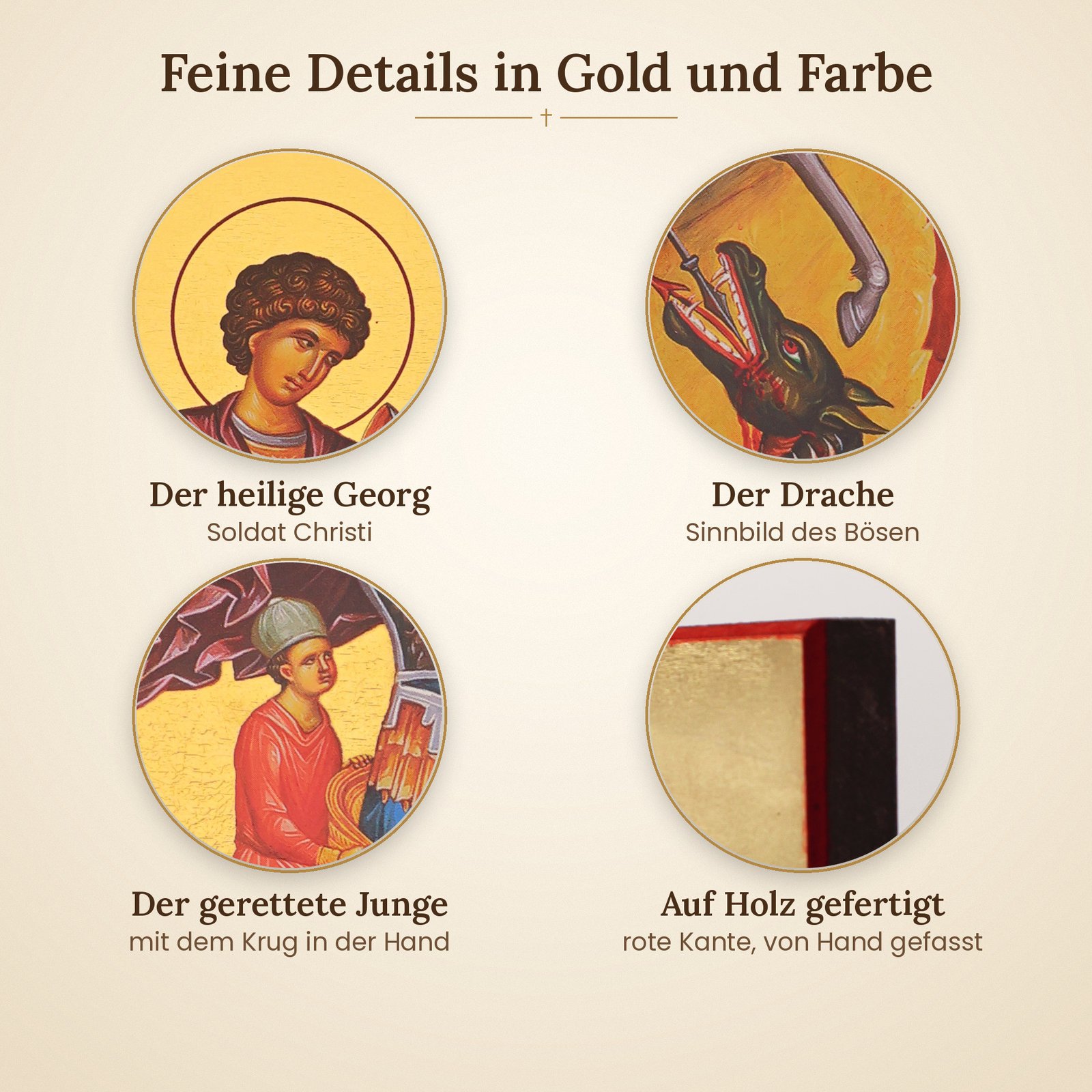 Details der Ikone Heiliger Georg – Antlitz, Drache und befreiter Junge