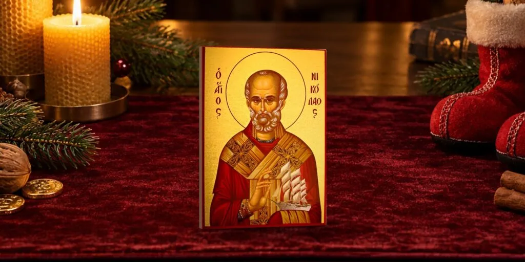 Ikone Heiliger Nikolaus auf dem festlichen Tisch zum Nikolaustag
