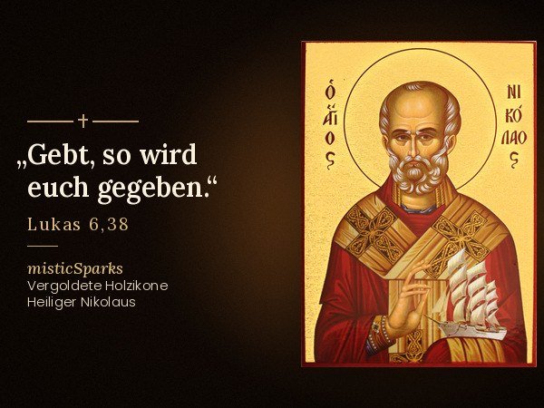 Ikone Heiliger Nikolaus mit dem Bibelvers „Gebt, so wird euch gegeben.“ (Lukas 6,38)